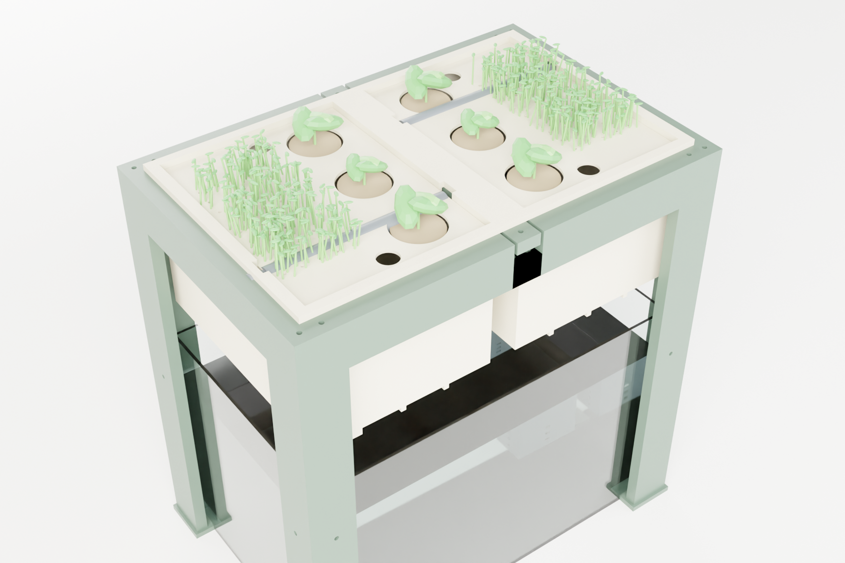 Top down view of the herb grow beds and microgreen trays.