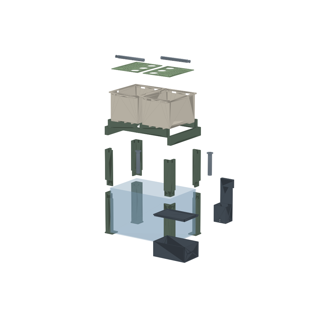 Exploded engineering view of a Polyponic module: grow trays, plant plates, frame, tank and power module.