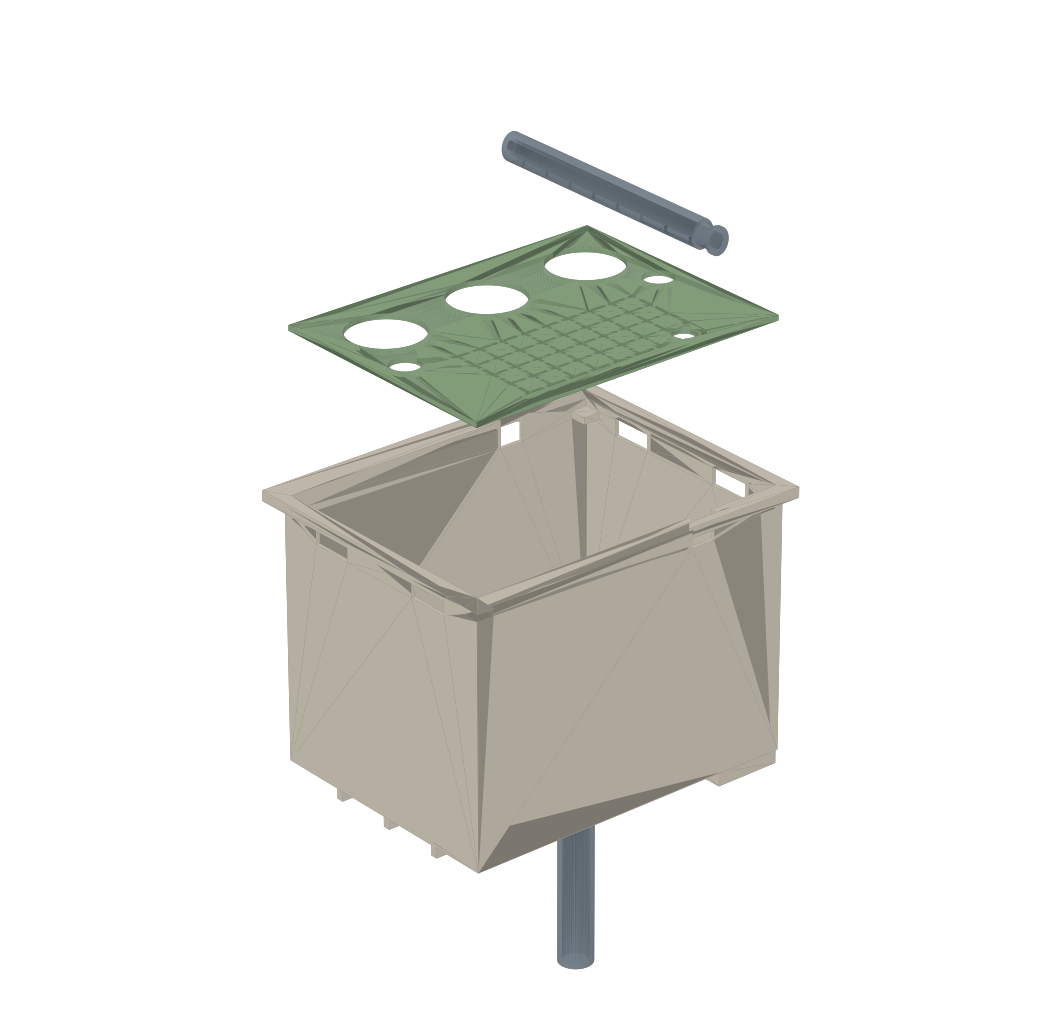 Exploded view of a single grow tray, plant plate and water delivery parts.