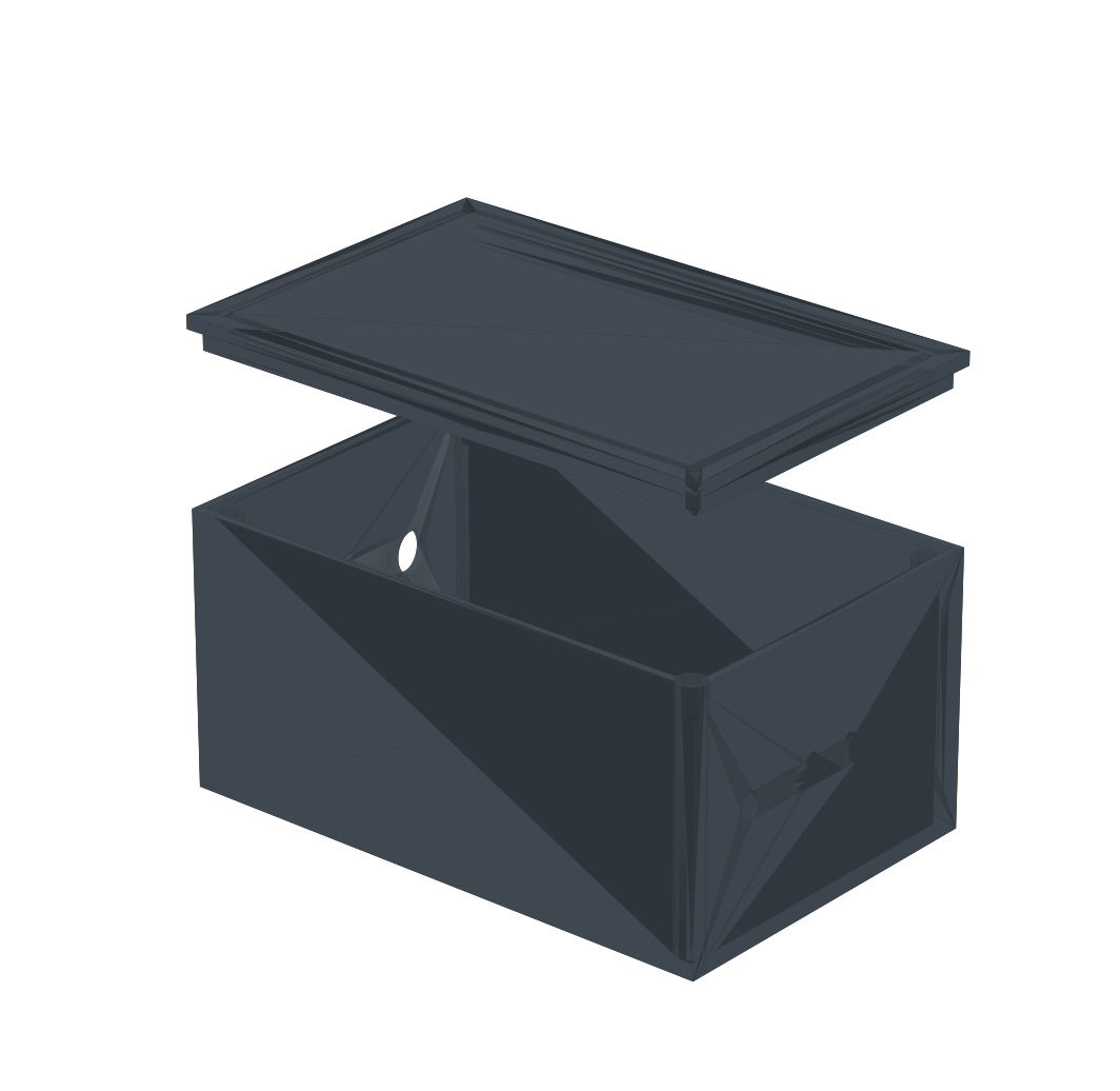Render of the solar power module enclosure with the lid partially open.