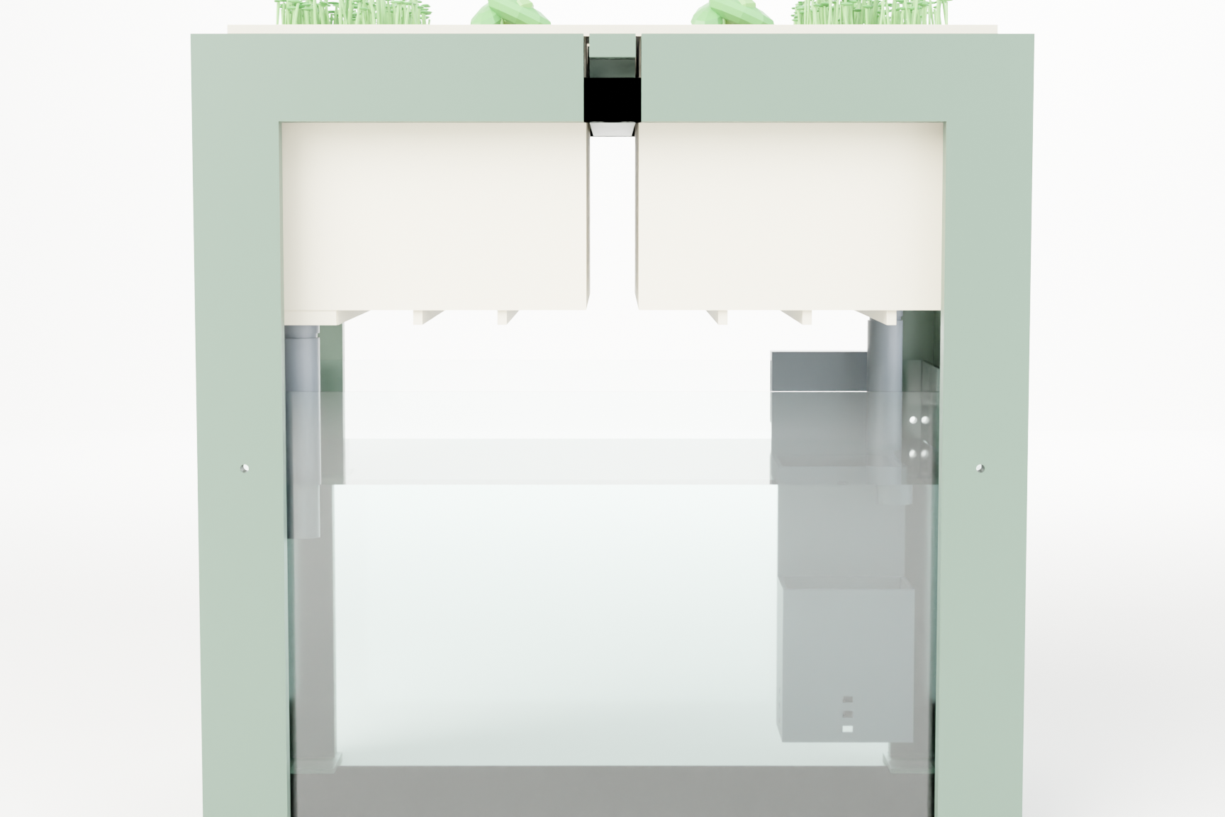 Front view of the Polyponic garden showing two grow trays above the glass water tank.